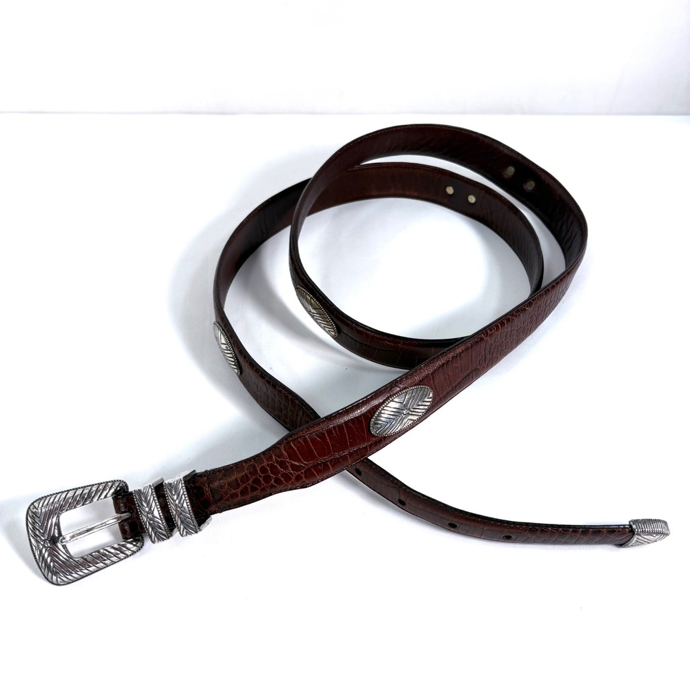 Roundtree & Yorke Belt Brown Croc Embossed Leather Western Silver Hardware 56